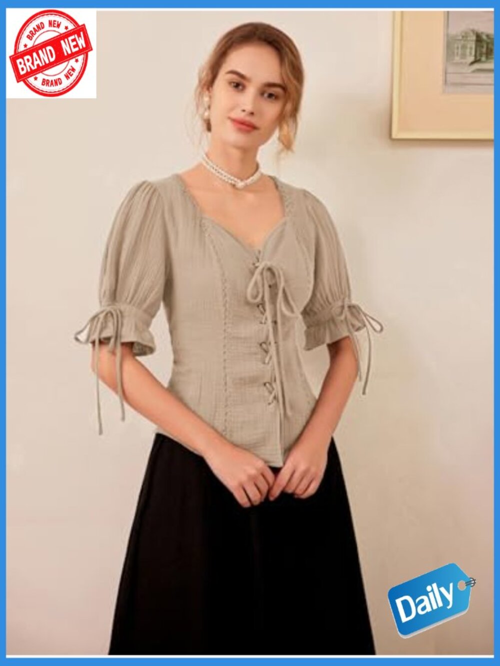 Plus Size Lace-Up Renaissance Blouse Puff Sleeve Peasant Top - Picture 2 of 7